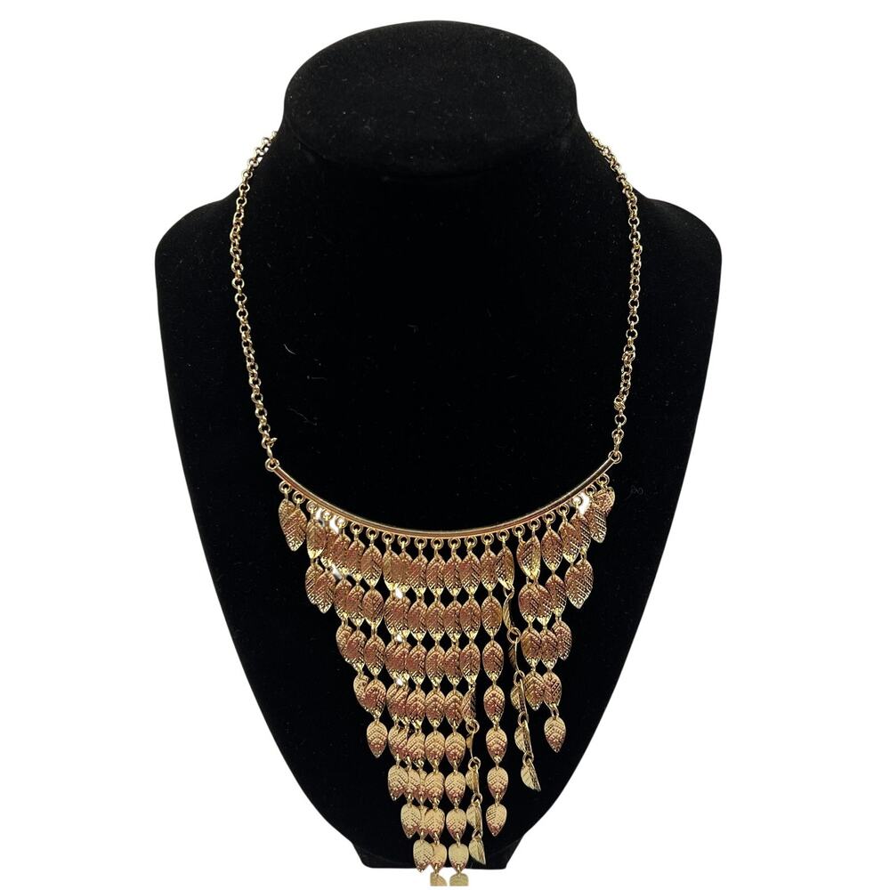 Vtg Delicate Leaf Bib Necklace Gold Tone Choker Fringe Boho 90's Style 19 Inch